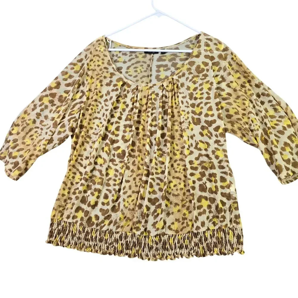 Apt.9 Leopard Print Blouse Women's 0X Semi Sheer Smocking Hem Animal 3/4 Sleeves